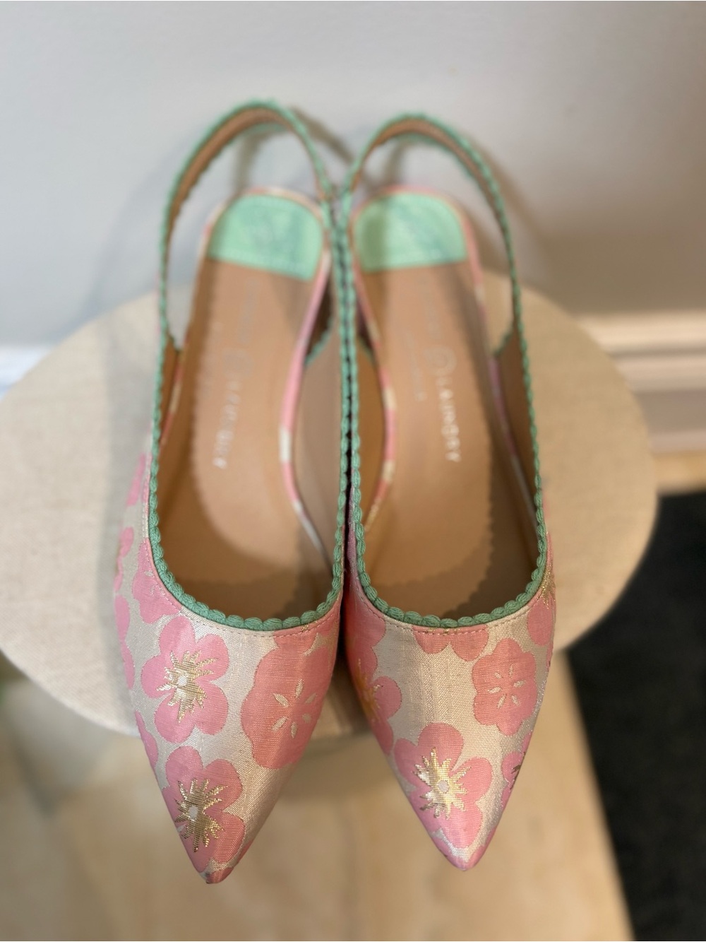 CHINESE LAUNDRY Pink Floral Slingback Flats with Mint Trim
